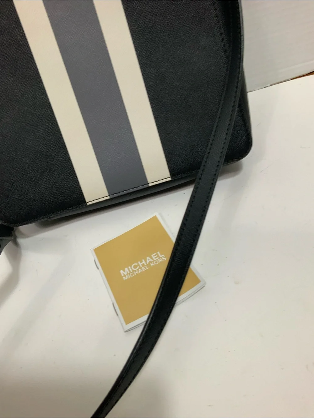 Michael Kors Women Black Saffiano Leather Center Stripe Crossbody Bag Purse
